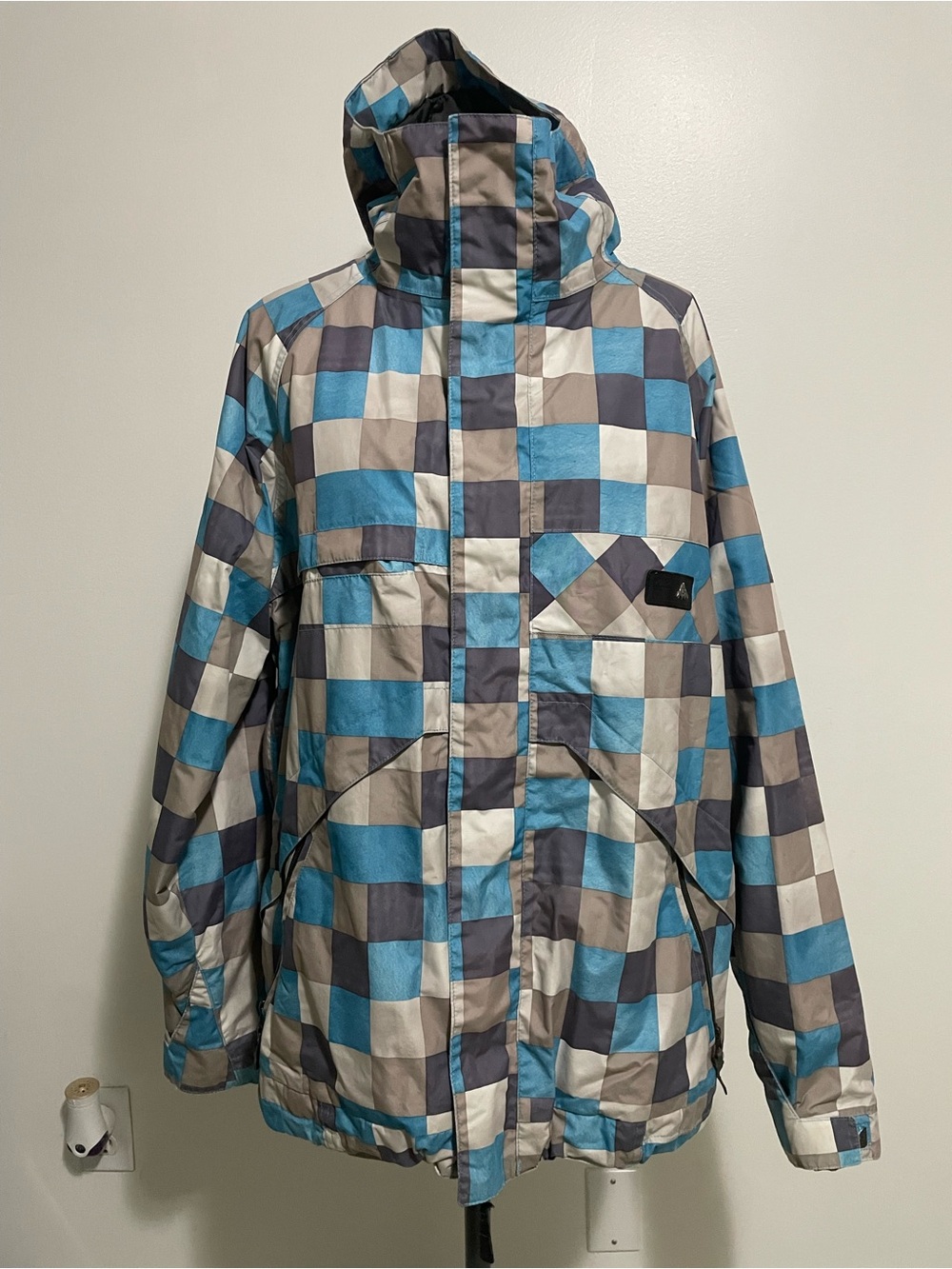 Men's Hooded Ski Jacket in Blue, Gray & White Check